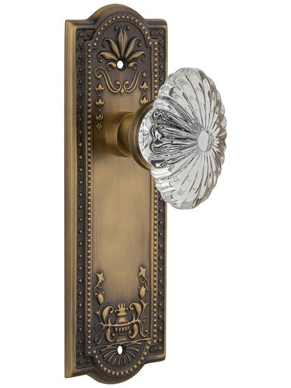 Meadows Plate with Oval Fluted Crystal Knob without Keyhole in Antique Brass with .
